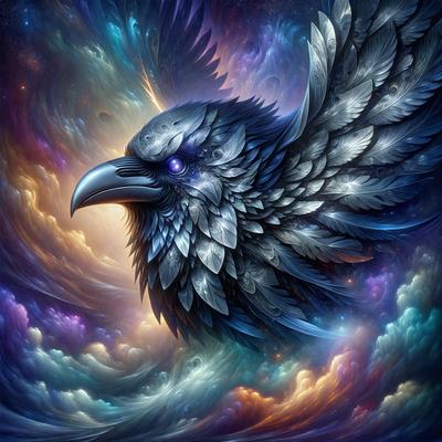 The primary subject of the image is a bird, specifically a black bird with a blue head, which is the main focus of the image. The bird is perched on a branch, surrounded by a vibrant and colorful background. The visual style of the image is digital art, as it appears to be a painting or illustration created using digital tools. The colors and mood of the image are lively and energetic, with the bird's blue head and the vivid colors of the background creating a striking and captiv